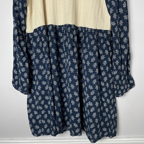 THML Mixed Media Babydoll Knit Floral Blue & Cream Long Sleeve Mini Dress - Picture 2 of 7
